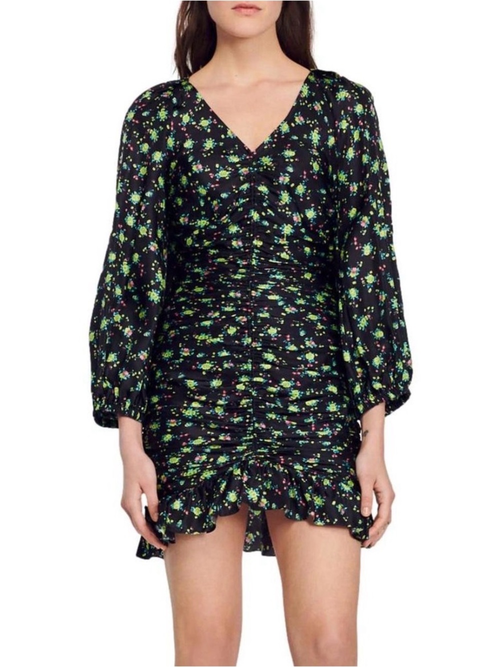 Sandro Black Mini Dress with Green Floral Print NWT